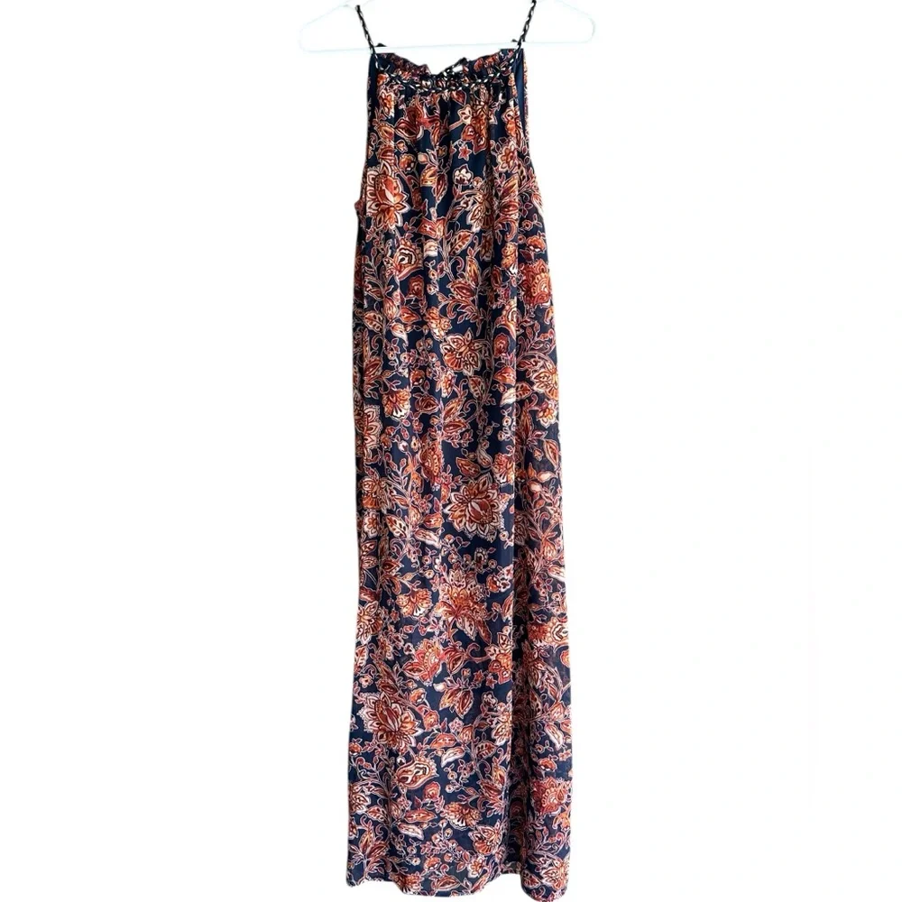 Xhileration Floral Maxi Boho Dress - Navy & Orange Floral. Tassel Ties & Slits - Picture 1 of 11